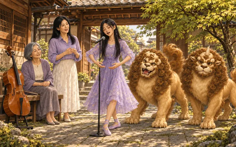 Aiko with her family and the two komainu, First and Last