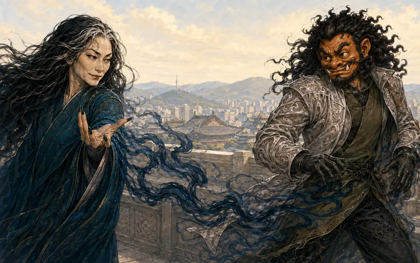 A gwishin in dark blue robes casts a thread of blue light toward a dokkaebi above the rooftops of Seoul