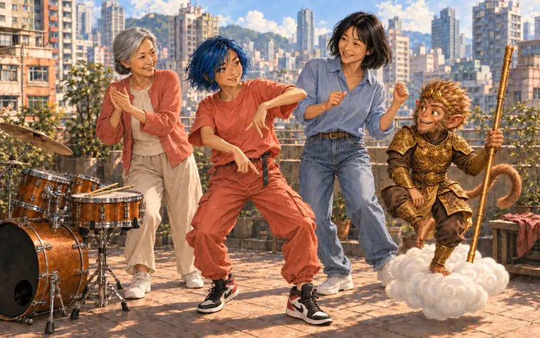 Jordan with her family and Sun Wukong, the Monkey King